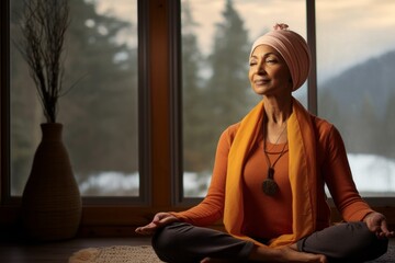 Portrait of a blissful indian woman in her 70s dressed in a warm ski hat in front of serene meditation room