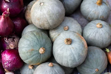 Foto op Plexiglas Pile of green pumpkins in market © xy