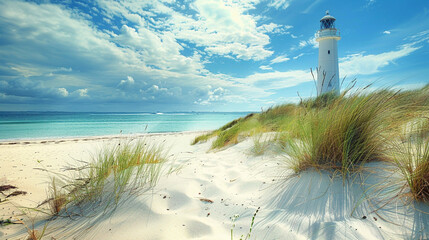 Step onto the sands of a picturesque beach where a lighthouse commands attention against a backdrop of pristine white