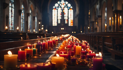 Candles burning in a church background.

