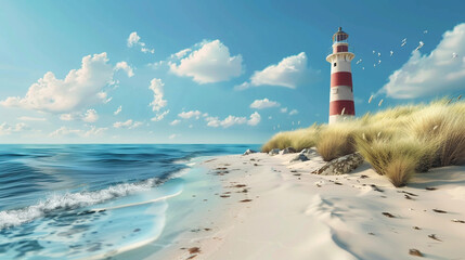 Step onto the sands of a picturesque beach where a lighthouse commands attention against a backdrop of pristine white. 
