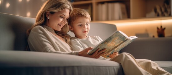 a mother teaches her child to read a book - obrazy, fototapety, plakaty
