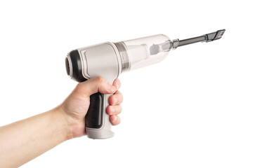 a hand-held vacuum cleaner. Small portable vacuum cleaner, isolated on white background	
