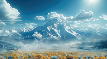 On a sunny summer day, snow-capped mountains meet the vast plains. Generative AI.