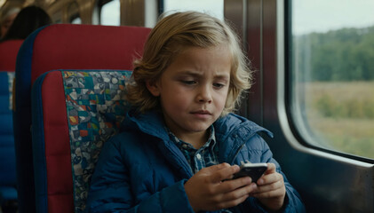Child sitting on a train and using mobile phone

 - obrazy, fototapety, plakaty