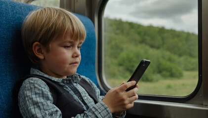 Child sitting on a train and using mobile phone

