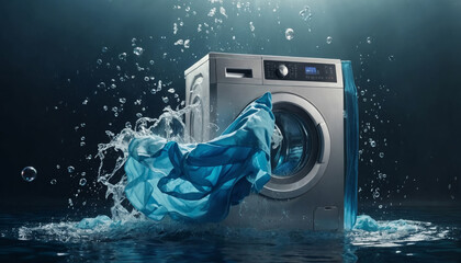 Cleaning clothes washing machine with floating shirt and dress underwater with bubbles and wet splashes laundry work  - obrazy, fototapety, plakaty