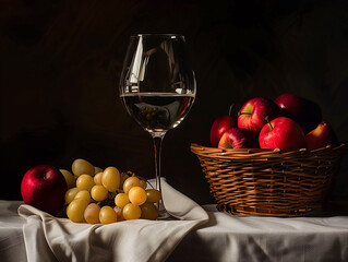 An elegant still life featuring a wine glass, grapes, and apples on a table, illuminated with soft lighting - 787043068