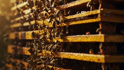 Swarm of bee flying around the crate after collecting nectar from the flowers, Beehive, Beekeeping - obrazy, fototapety, plakaty