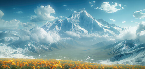 On a sunny summer day, snow-capped mountains meet the vast plains. Generative AI.