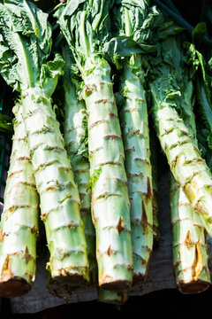 Pile of asparagus lettuce stems in market