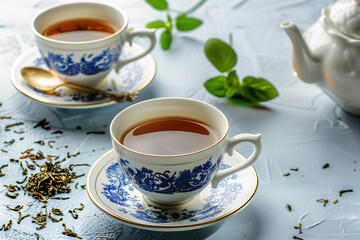 Cups of freshly brewed tea, adorned in exquisite blue and white porcelain teacups with intricate designs. Cups rest on matching saucers beside delicate white teapot. Blue background - 787043442