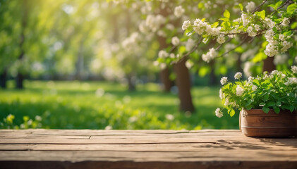 Blurred Spring background with green lush foliage and flowering branches with an empty wooden table 
