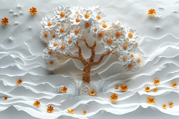  3D wallpaper wall design of the sun and a tree with yellow flowers. Created with Ai
