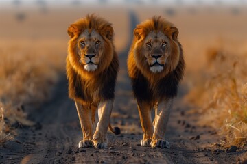 Two Masai lions, big cats from the Felidae family, stroll through the grasslands of the natural landscape. They are carnivores, on the lookout for prey like a fawn