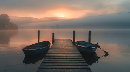 Unveil the serene magic of a fog-laden early sunset casting its glow over a charming pier, accompanied by two boats gracefully resting on the calm surface of a lake.  - obrazy, fototapety, plakaty