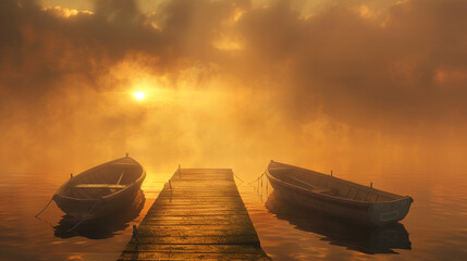 Unveil the serene magic of a fog-laden early sunset casting its glow over a charming pier, accompanied by two boats gracefully resting on the calm surface of a lake