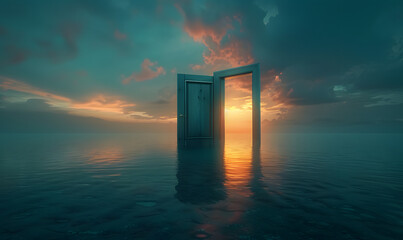 floating open door over a calm sea, Generative AI