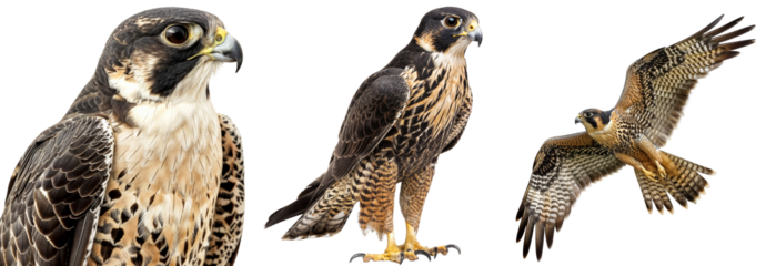 Falcon collection, portrait, standing and flying, isolated on a transparent background
