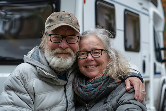 Senior people couple man and woman standing in front of a white van, traveling or living in a motor home