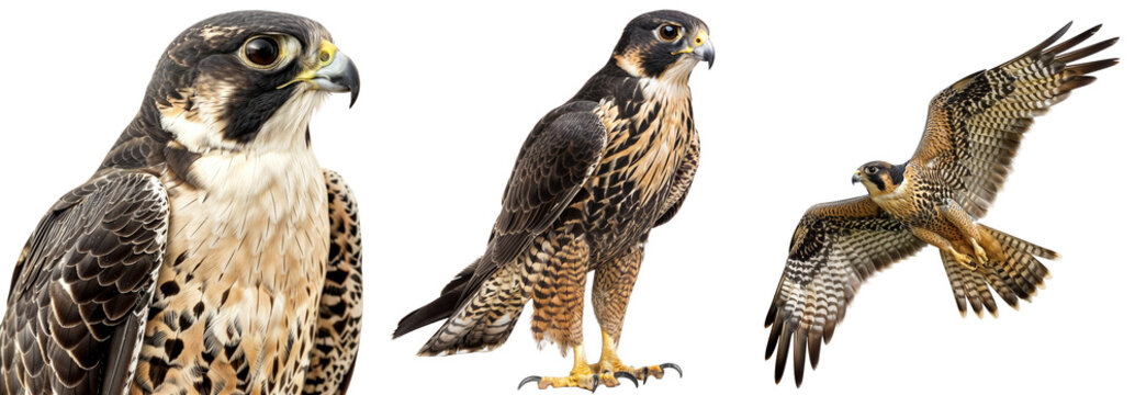 Falcon collection, portrait, standing and flying, isolated on a transparent background