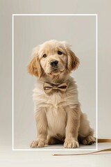 Polite Golden Retriever Puppy with Bow Tie Sitting