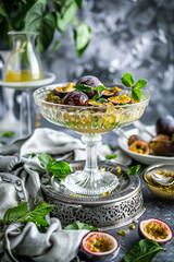 A beautifully presented fruit salad with passion fruit in an ornate crystal bowl, surrounded by fresh ingredients and elegant decor.  - 787043843