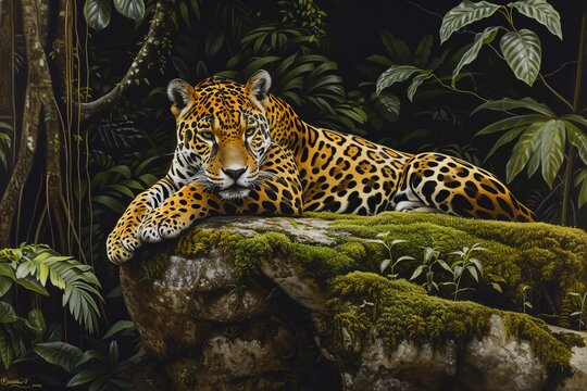 A majestic jaguar, portrayed in a painting, lies gracefully on a textured moss-covered rock.