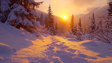 Venture into the serene beauty of a winter morning as the sunrise bathes a mountainous landscape in golden hues. 