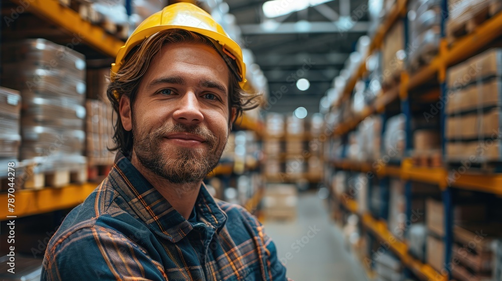 Poster portrait of worker in the warehouse is smiling, warehouse shelves on background. generative ai.