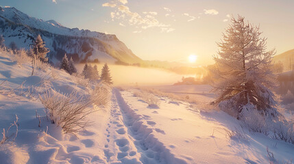 Venture into the serene beauty of a winter morning as the sunrise bathes a mountainous landscape in golden hues. 
