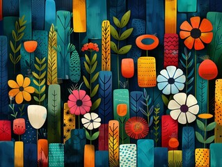 Abstract illustration of various shapes and flowers