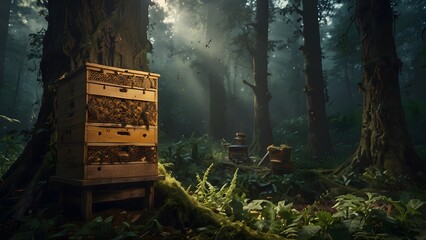 A honey hive placed in a mystical forest, crate for collecting fresh honey, world bee day - obrazy, fototapety, plakaty