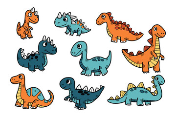 A collection of cartoon dinosaurs with different colors and sizes