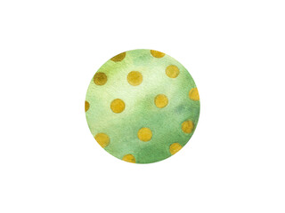 Kid green Ball in yellow dots. Rubber balls for beach volleyball, child play and water games. Watercolor illustration of beachball of beachball. Use for poster, sticker, print