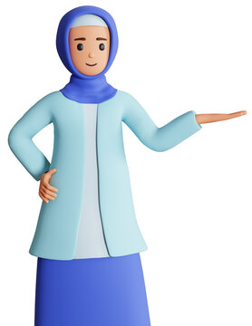3d illustration of Muslim woman in hijab showing with one hand at side direction