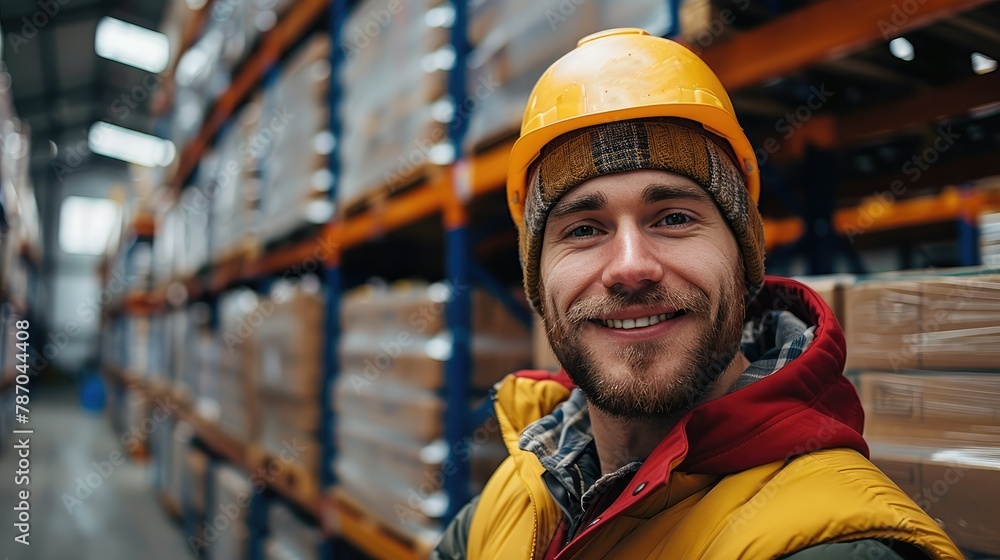 Poster portrait of worker in the warehouse is smiling, warehouse shelves on background. generative ai.