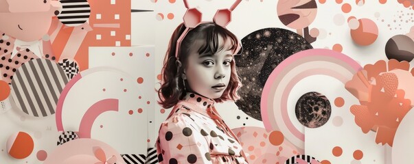 young girl portrait closeup, wearing pink strange ears, standing against a colorful messy background, collage grunge style, pastel color palette - 787044486