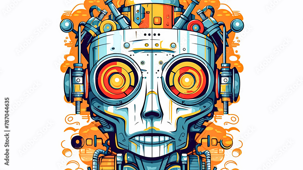 Poster a colorful robot with a big smile on its face.