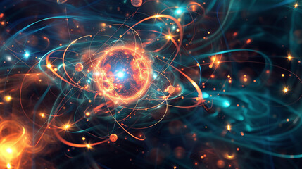 An illustration of an atom with a glowing nucleus and electrons orbiting around it. - obrazy, fototapety, plakaty