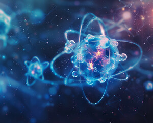 An illustration of an atom with a glowing nucleus and electrons orbiting it.