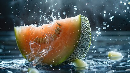 Splashing one melon on black background with professional lighting studio behind product, unique full melon falling in a water surface causing a splash. Generative AI. - obrazy, fototapety, plakaty