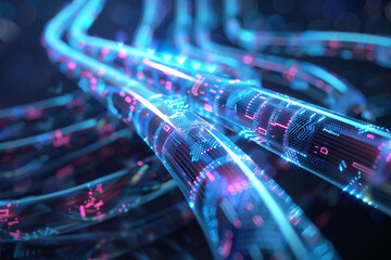 Illustration of glowing blue and purple digital data cables carrying binary code.