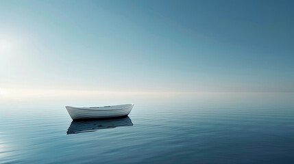 Witness a serene scene of a small white boat gently floating on top of a vast body of water, with a clear blue sky stretching out in the background