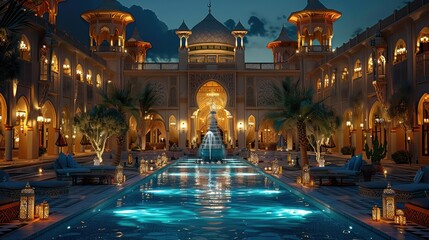 Obraz premium Luxury tents in the courtyard of an Arabian palace by night, a fountain in the middle. Generative AI.