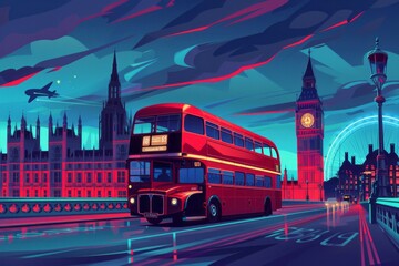 Fototapeta na wymiar A vintage red London bus passes by iconic landmarks as it drives down a street.