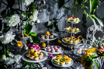 Elegant dessert table, meticulously arranged with an assortment of delectable treats. The scene exudes luxury and celebration, making it ideal for various creative projects - 787044865