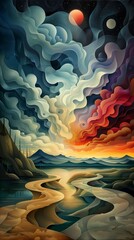 Obraz premium Abstract landscape with wispy clouds against a sunset sky, magical landscape