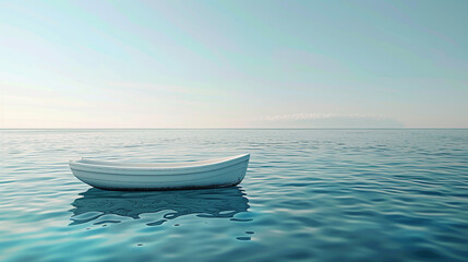Witness a serene scene of a small white boat gently floating on top of a vast body of water, with a clear blue sky stretching out in the background. 