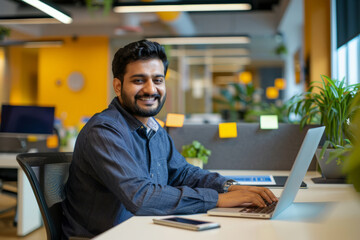 An optimistic Indian man works on his laptop in a vibrant office setting, expressing success and positivity in his endeavors.